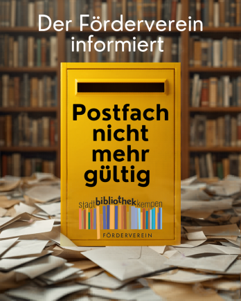 Die Grafik zeigt einen gelben Briefkasten umgeben von Büchern und Briefen. Auf dem Kasten steht: Postfach nicht mehr gültig. Zu sehen ist auch das Logo des Fördervereins