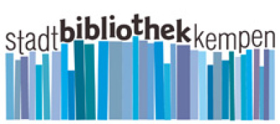 Das Logo stellt verschiedengroße Buchrücken dar. Darüber legt sich der Text: Stadtbibliothe Kempen